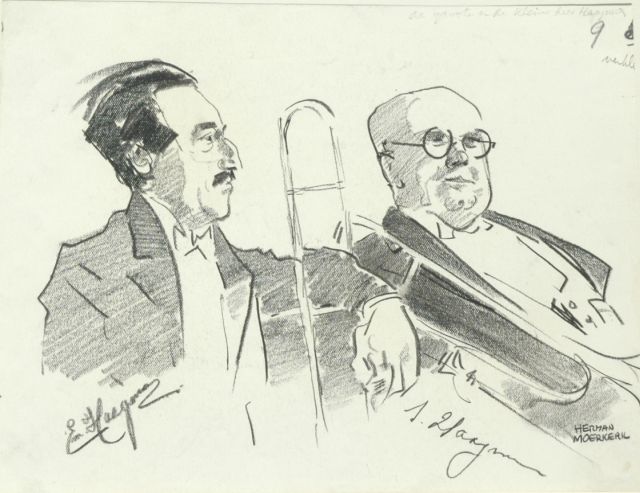 Moerkerk H.A.J.M.  | Portret van E. Haagman en I. Haagman, zwart krijt op papier 17,6 x 22,9 cm, gesigneerd r.o.