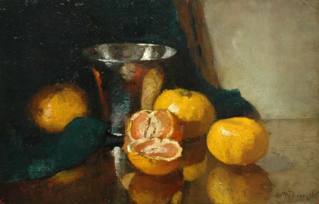 Hetty Broedelet-Henkes | Stilleven met mandarijnen, olieverf op paneel, 21,1 x 32,4 cm, gesigneerd r.o.