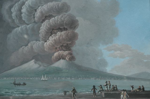 Italiaanse School, 19e eeuw   | Uitbarsting van de Vesuvius bij dag, op 19 juni 1794, gouache op papier 23,5 x 29,0 cm