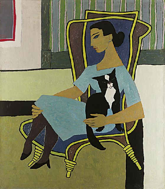 Rinus van der Neut | Vrouw met kat, olieverf op doek, 80,3 x 70,5 cm, gesigneerd r.o. met initialen en gedateerd '52