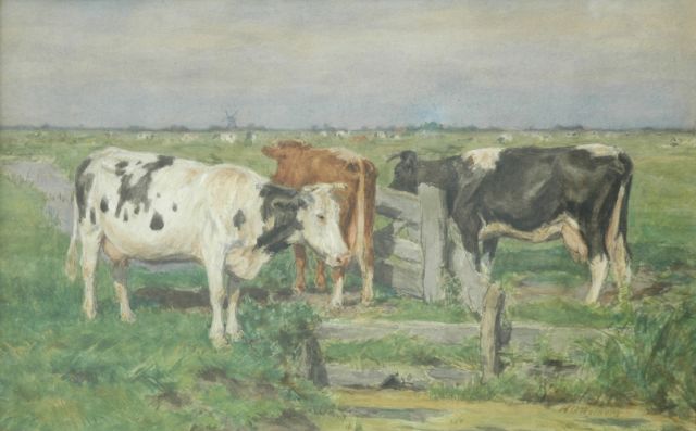 Wolbers H.G.  | Roodbonte en zwartbonte koeien bij een hek, aquarel op papier 35,0 x 54,5 cm, gesigneerd r.o.