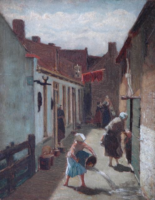 Fridolin Becker | Straatje in Katwijk, olieverf op paneel, 19,0 x 14,8 cm