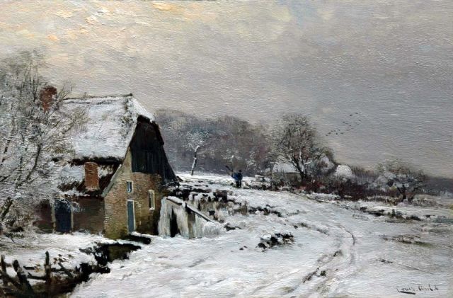 Louis Apol | Boerderij in een winterlandschap, olieverf op paneel, 27,5 x 42,1 cm, gesigneerd r.o.