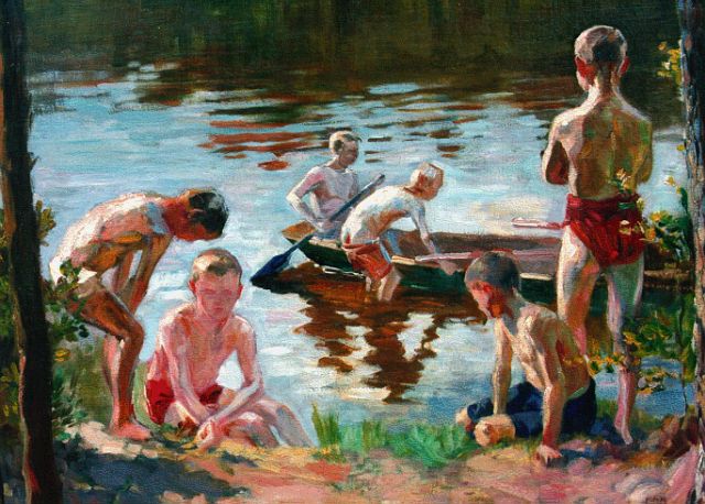 Max Vogel | Spelende jongens aan de rivieroever, olieverf op doek, 52,0 x 64,0 cm, gesigneerd r.o.