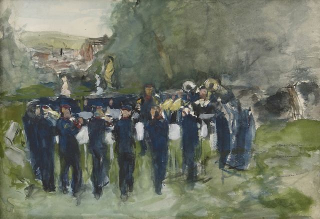 Anthon van Rappard | Muziekkorps in Neuenahr, krijt, aquarel en gouache op papier, 35,7 x 51,0 cm