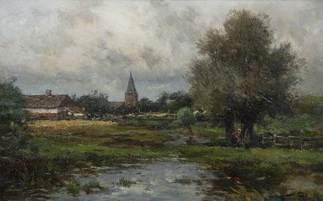Willem Rip | Na den regen. Gezicht op 't dorp Neerlangel, olieverf op doek, 32,6 x 50,3 cm, gesigneerd r.o. en verso