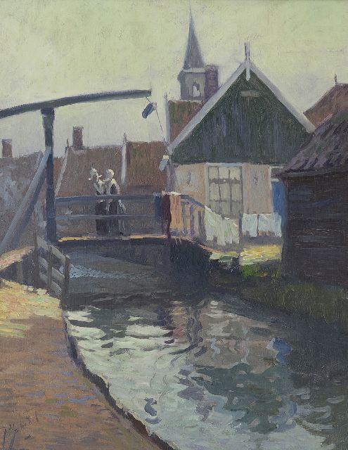 A.P. Schotel | Gezicht op het gele bruggetje, Volendam, olieverf op paneel, 41,0 x 32,7 cm, gesigneerd l.o.