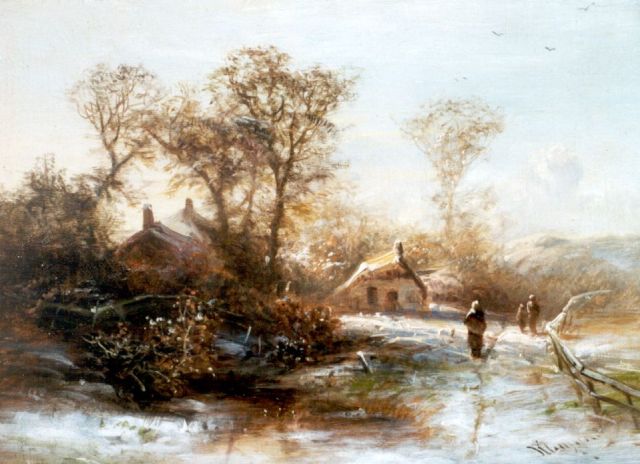 Pieter Kluyver | Boerenvolk in een winters boslandschap, olieverf op paneel, 19,5 x 26,0 cm, gesigneerd r.o.