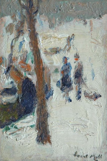 Evert Moll | Wandelaars op een besneeuwde kade, olieverf op paneel, 18,2 x 12,1 cm, gesigneerd r.o.