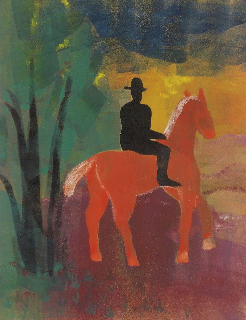 Werkman H.N.  | Rood paard met zwarte ruiter, sjabloon, inktrol, drukinkt op papier 65,0 x 50,0 cm, gedateerd 1944