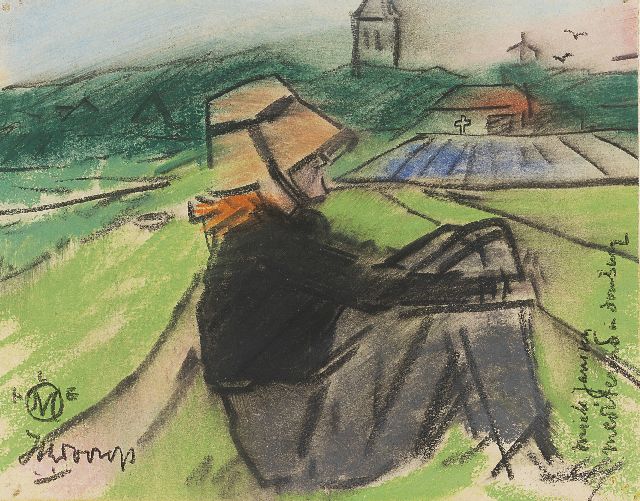 Jan Toorop | Miek Janssen mediterend in Domburg, krijt op papier, 11,0 x 13,9 cm, gesigneerd l.o. en te dateren ca. 1918-1922