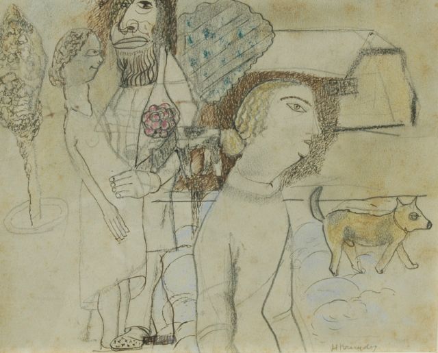 Herman Kruyder | De beschermer van de ongewenst zwangere, potlood, pen, inkt en pastel op papier, 17,2 x 21,3 cm, gesigneerd r.o. en te dateren ca. 1922-1926