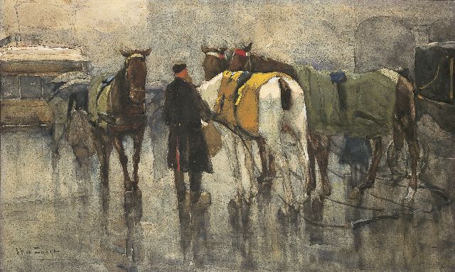 Willem de Zwart | Inspannen van de paarden, aquarel op papier, 30,0 x 60,0 cm, gesigneerd l.o.