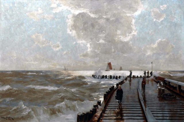 Erwin Günther | Figuren op een havenhoofd bij stormachtig weer, olieverf op doek, 80,0 x 120,8 cm, gesigneerd l.o.
