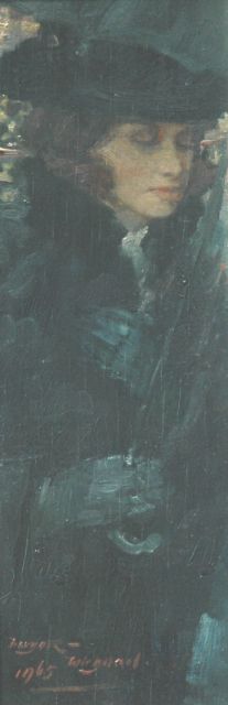 Rolf Dieter Meyer-Wiegand | Dame met paraplu, olieverf op paneel, 30,0 x 10,1 cm, gesigneerd l.o. en gedateerd 1965