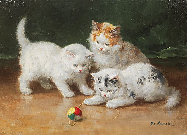 Yo Laur | Drie kittens, spelend met een balletje, olieverf op doek, 24,2 x 33,2 cm, gesigneerd r.o.
