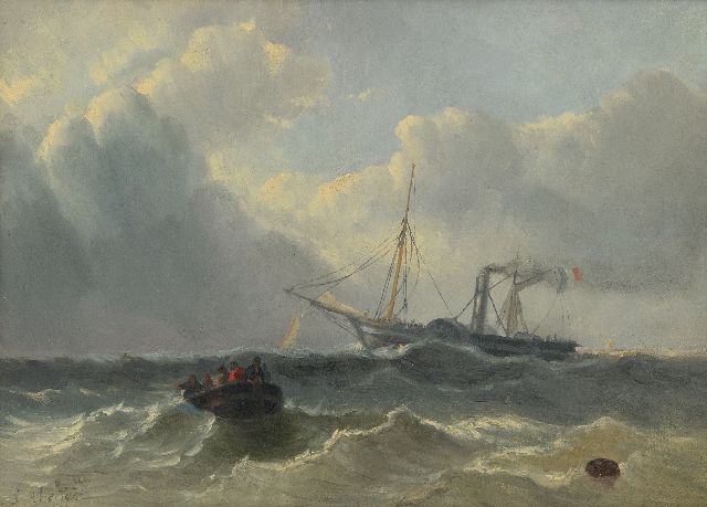 Louis Meijer | Zeegezicht met een Frans stoomraderschip en sloep, olieverf op paneel, 24,5 x 33,5 cm, gesigneerd l.o.