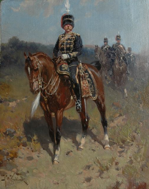 Koekkoek H.W.  | Rode Huzaren te paard, olieverf op paneel 27,1 x 21,3 cm, gesigneerd l.o.