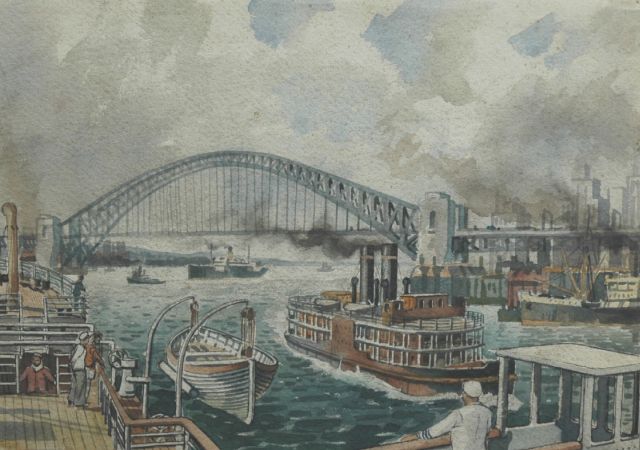 Back R.T.  | Druk scheepsverkeer bij een stad, Verenigde Staten (niet te koop), pen, inkt en aquarel op papier 25,5 x 35,6 cm, gesigneerd verso