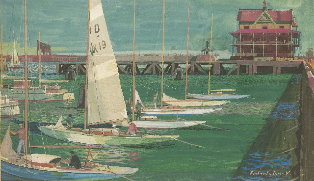Robert Trenaman Back | Afgemeerde Draken in een haven, aquarel op papier, 29,4 x 49,8 cm, gesigneerd r.o. en te dateren ca. 1945-1955