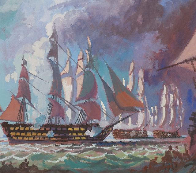 Back R.T.  | Nelson's squadron doorbreekt de Franse linie, Travalgar 1812, aquarel op papier 37,3 x 52,2 cm