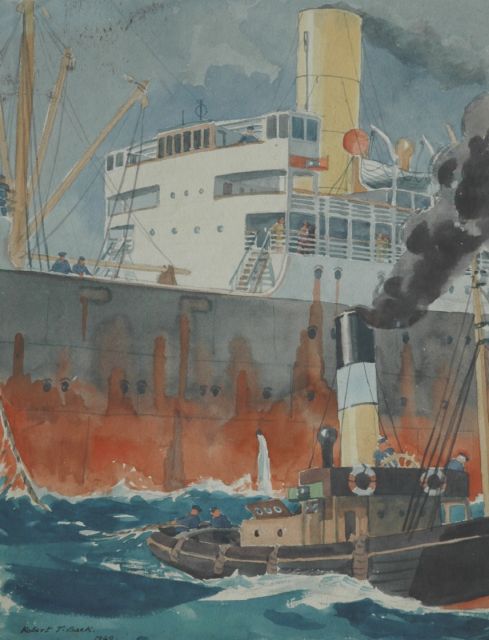 Robert Trenaman Back | De sleepboot neemt het over, aquarel op papier, 29,2 x 49,5 cm, gesigneerd l.o. en gedateerd 1940