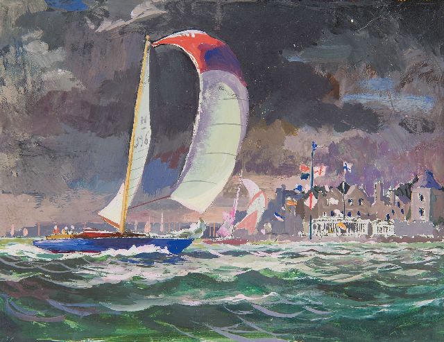Back R.T.  | Wedstrijd van zeiljachten bij haveningang, aquarel op papier 11,5 x 15,5 cm