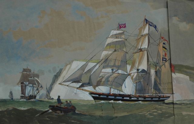 Robert Trenaman Back | Zeilende bark voor de Engelse kust, pen, inkt en aquarel op papier, 32,0 x 50,6 cm