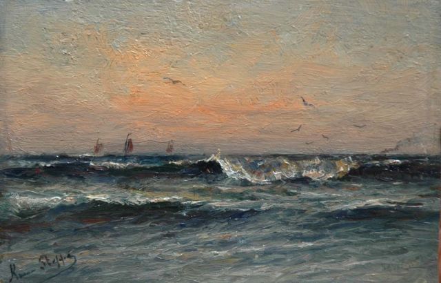 Steppe R.  | Herfst, zonsondergang voor de Vlaamse kust, olieverf op paneel 15,7 x 24,0 cm, gesigneerd l.o.