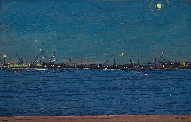 Herman Bieling | Maas bij nacht, olieverf op doek, 38,4 x 60,1 cm, gesigneerd r.o.