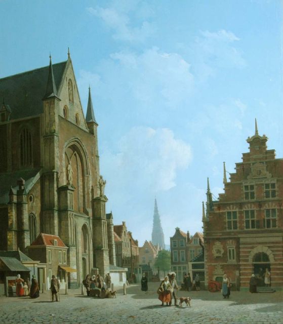 Rutten J.  | De Grote Markt in Haarlem met de St. Bavokerk, de Vleeshal en de Nieuwe Kerk, olieverf op paneel 70,1 x 61,0 cm, gesigneerd r.o. en gedateerd '57