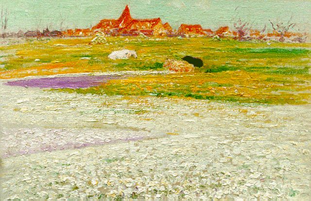 Albert Lefebvre | Bollenvelden met dorpje op achtergrond, olieverf op doek, 26,0 x 35,5 cm, gesigneerd l.o.