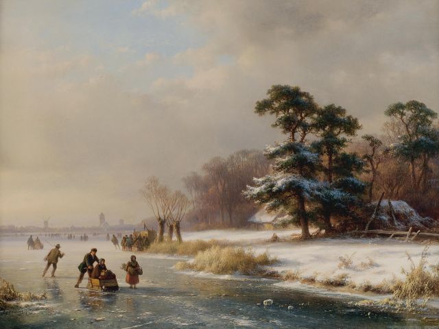 Lodewijk Johannes Kleijn | Schaatsvertier op een bevroren rivier (alleen tezamen met 9793), olieverf op paneel, 34,5 x 46,0 cm, gesigneerd l.o.