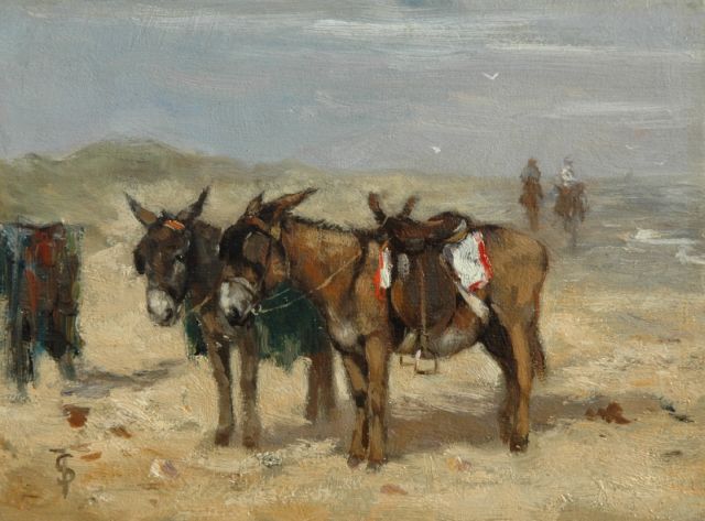 Johan Frederik Cornelis Scherrewitz | Ezeltjes op het strand, olieverf op paneel, 11,0 x 15,0 cm, gesigneerd l.o. met monogram