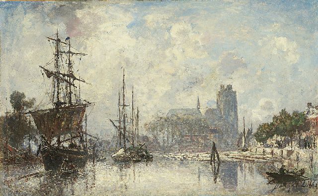 Johan Barthold Jongkind | De haven van Dordrecht bij ochtendgloren, olieverf op doek, 40,7 x 65,2 cm, gesigneerd r.o. en gedateerd 1869