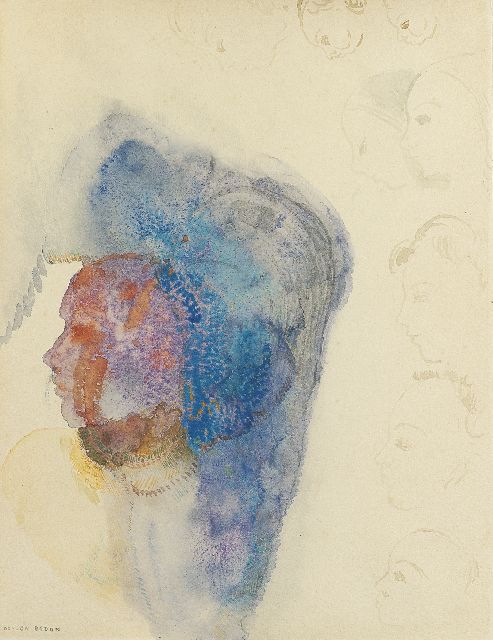 Odilon Redon | Vrouw en profil, pen, bruine inkt en aquarel op papier, 27,5 x 21,1 cm, gesigneerd l.o. en te dateren ca. 1912