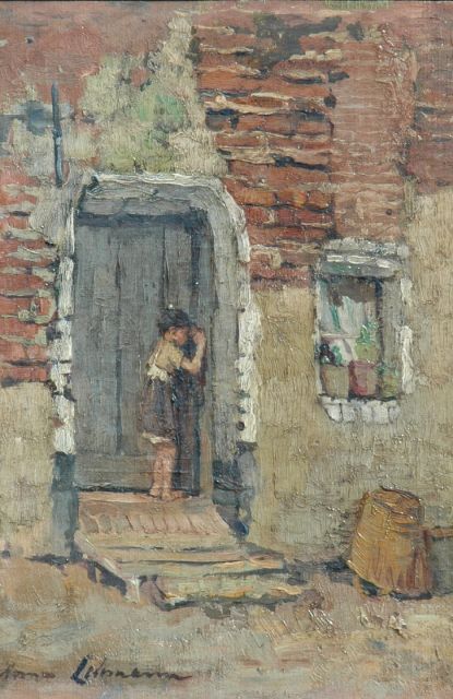 Anna Lehmann | Meisje voor een huis in Bretagne, olieverf op doek op schildersboard, 35,1 x 25,1 cm, gesigneerd l.o.
