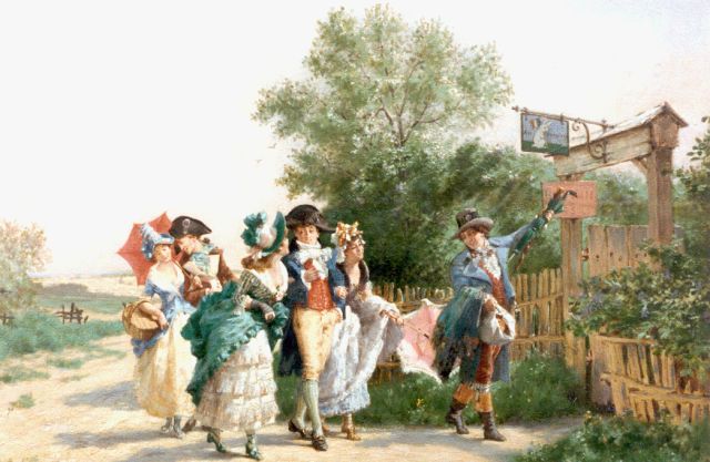 Charles-Alexandre Coëssin de la Fosse | Vrolijk gezelschap bij de herberg, olieverf op paneel, 33,1 x 47,2 cm, gesigneerd l.o.