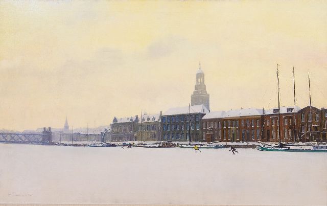Maarten Meuldijk | Schaatsers op de IJssel bij Kampen, olieverf op doek, 64,0 x 100,7 cm, gesigneerd l.o. en gedateerd '29