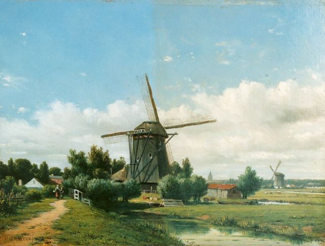 Jacob Jan van der Maaten | Molenlandschap met personen op een pad, olieverf op paneel, 21,0 x 28,5 cm, gesigneerd l.o. en gedateerd 1852