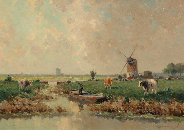 Gerard Delfgaauw | Punterende boer in een polderlandschap, olieverf op doek, 50,0 x 70,4 cm, gesigneerd r.o.