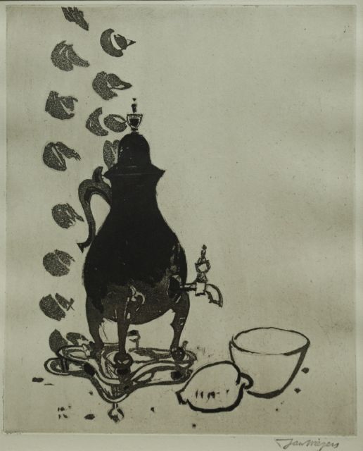 Jan Wiegers | Stilleven met kraantjeskan, aquatint, 35,0 x 28,0 cm, gesigneerd  r.o. met naamstempel