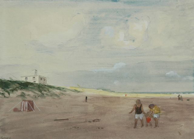 Harm Kamerlingh Onnes | Het strand van Terschelling met Hotel Paal 8, aquarel op papier, 20,0 x 27,5 cm, gesigneerd l.o. met monogram en gedateerd '60