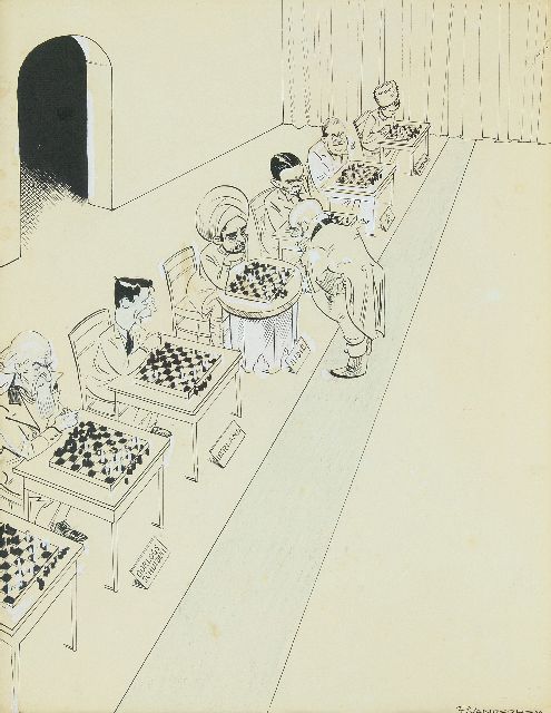 Piet van der Hem | John Bull als simultaan schaakspeler, pen en penseel, inkt en gouache op papier, 45,0 x 35,5 cm, gesigneerd r.o.