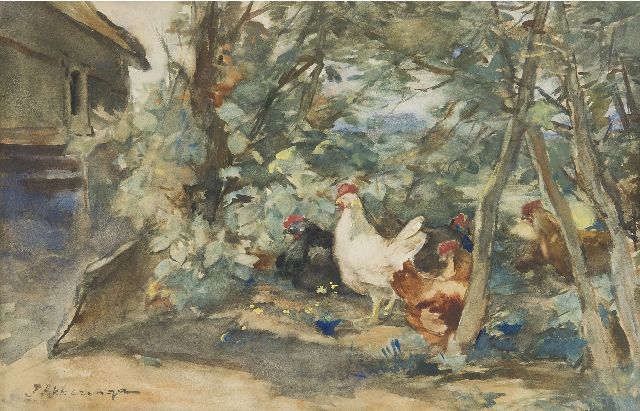 Johannes Evert Akkeringa | Kippen op een erfje, aquarel op papier, 18,7 x 29,3 cm, gesigneerd l.o.