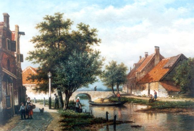 Georgius Heerebaart | Stadsgezicht met boer en duwboot, olieverf op paneel, 26,2 x 36,0 cm, gesigneerd l.o.