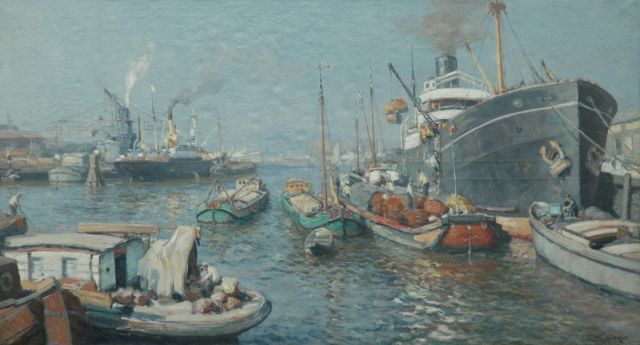 Evert Moll | In de Katendrechtse haven, Rotterdam, olieverf op doek, 97,0 x 177,5 cm, gesigneerd r.o.