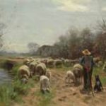 Weele H.J. van der - Schaapherder met kudde, olieverf op doek 58,1 x 86,5 cm, gesigneerd l.o.
