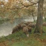 Mauve A. - Drinkende schapen bij een rivier, olieverf op doek 60,5 x 90,2 cm, gesigneerd r.o.