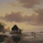 Kruseman F.M. - IJsgezicht bij zonsondergang, olieverf op paneel 39,3 x 52,8 cm, gesigneerd l.o. en gedateerd 1842